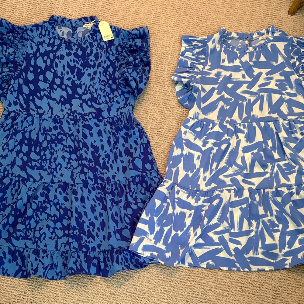 Two Blue Patterned Tiered Dresses